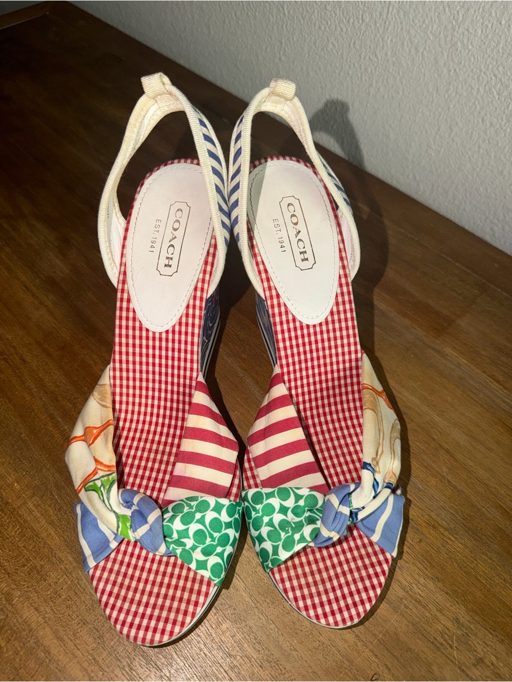 Coach Multicolor Patterned Knot Slingback Sandals — Red, White, Blue, Green